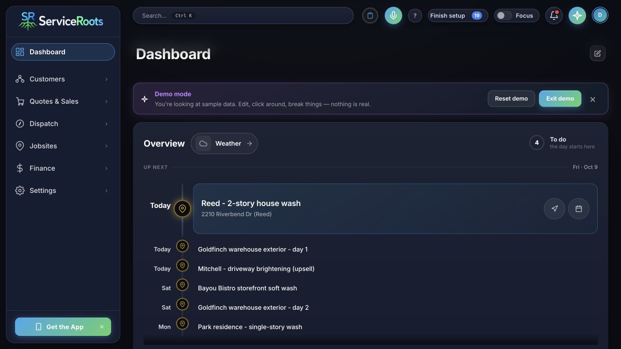 ServiceRoots dashboard showing a schedule of upcoming work using sample data