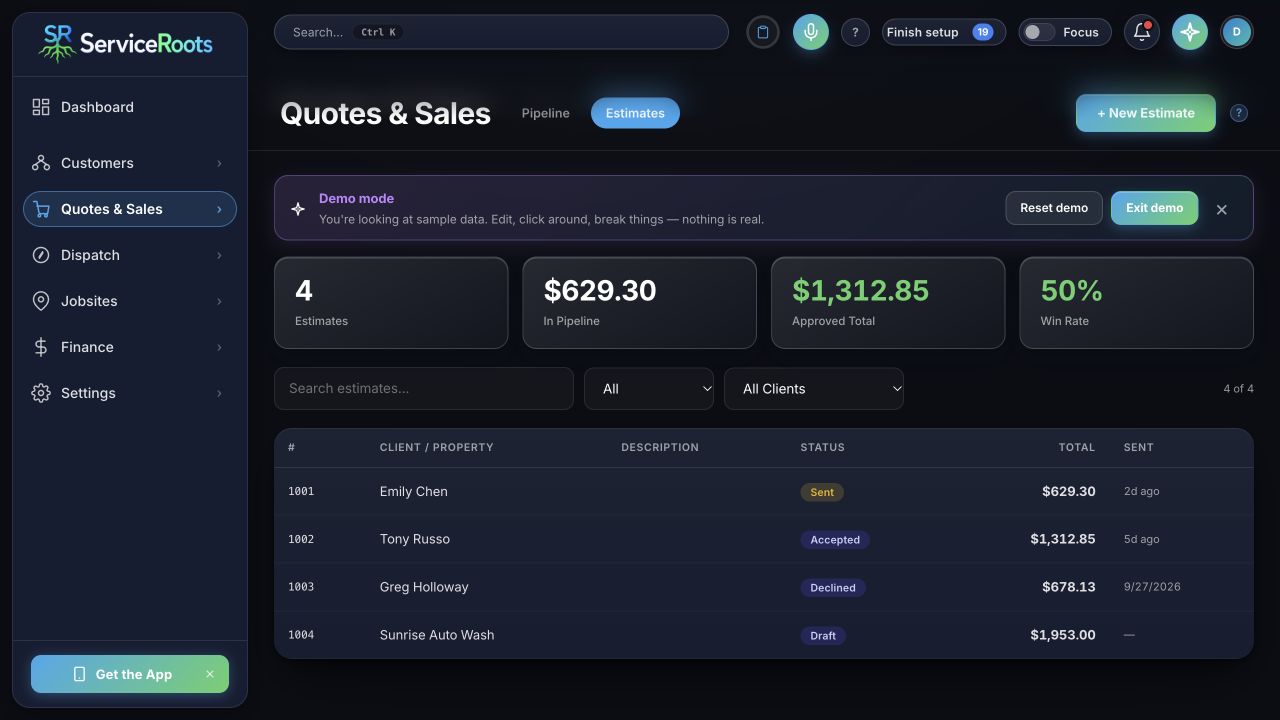 ServiceRoots estimates screen showing draft, sent, accepted and declined estimates with sample data